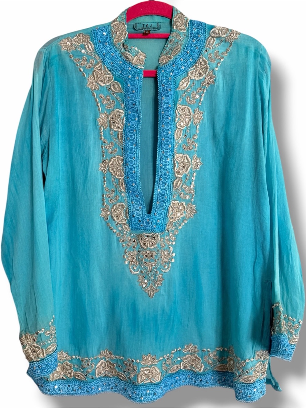 TAJ By Sabrina Crippa Embroidered Beaded Tunic Garment Washed Gauze Tunic Sz XL